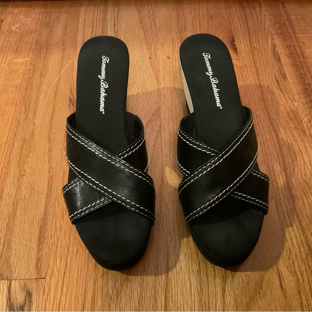 Women's Tommy Bahama Leather Wedge Sandal Mule Slip On 3.25" Heel Black White 7B